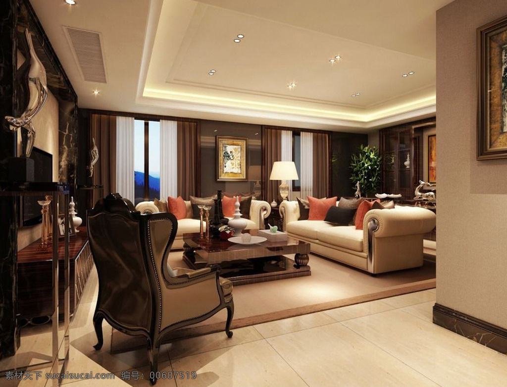 中式 时尚 客厅 模型 3d模型 客厅装饰 沙发茶几 max 黑色