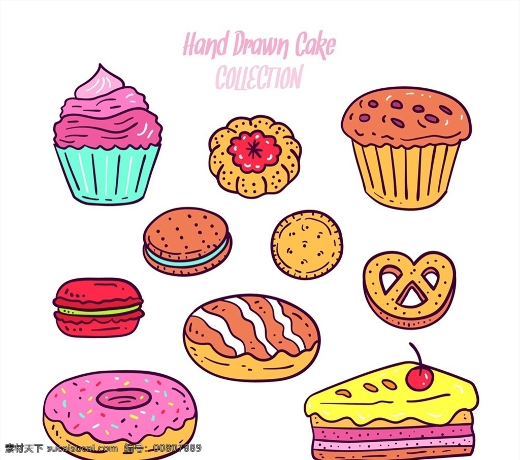 款 彩色 手绘 食物 矢量 纸杯蛋糕 冰淇淋 饼干 蝴蝶脆饼 甜甜圈 三角蛋糕 马卡龙 标志图标 其他图标