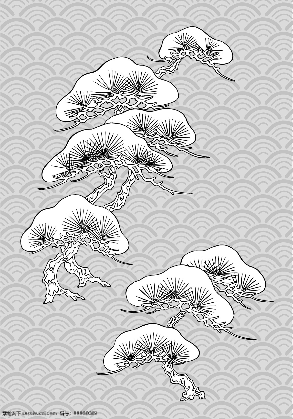 线描 植物 花卉 矢量 松树 古典 波浪 背景 矢量图 花纹花边