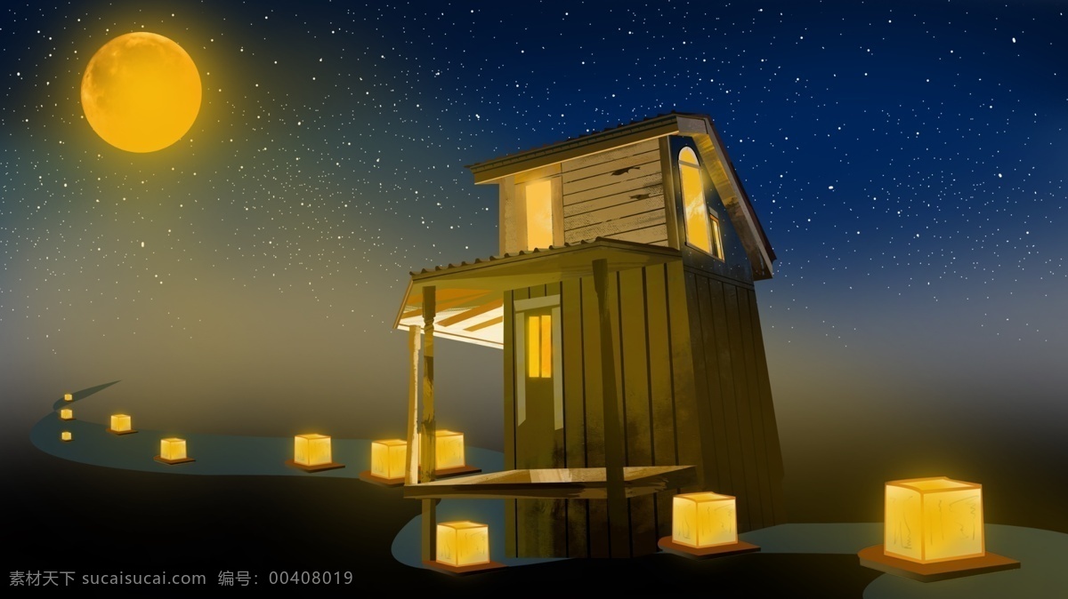 简约 清新 中元节 放 河 灯 场景 插画 节日 天空 夜景 节气 满月 河灯 木房子 鬼节 习俗 唯美节日场景
