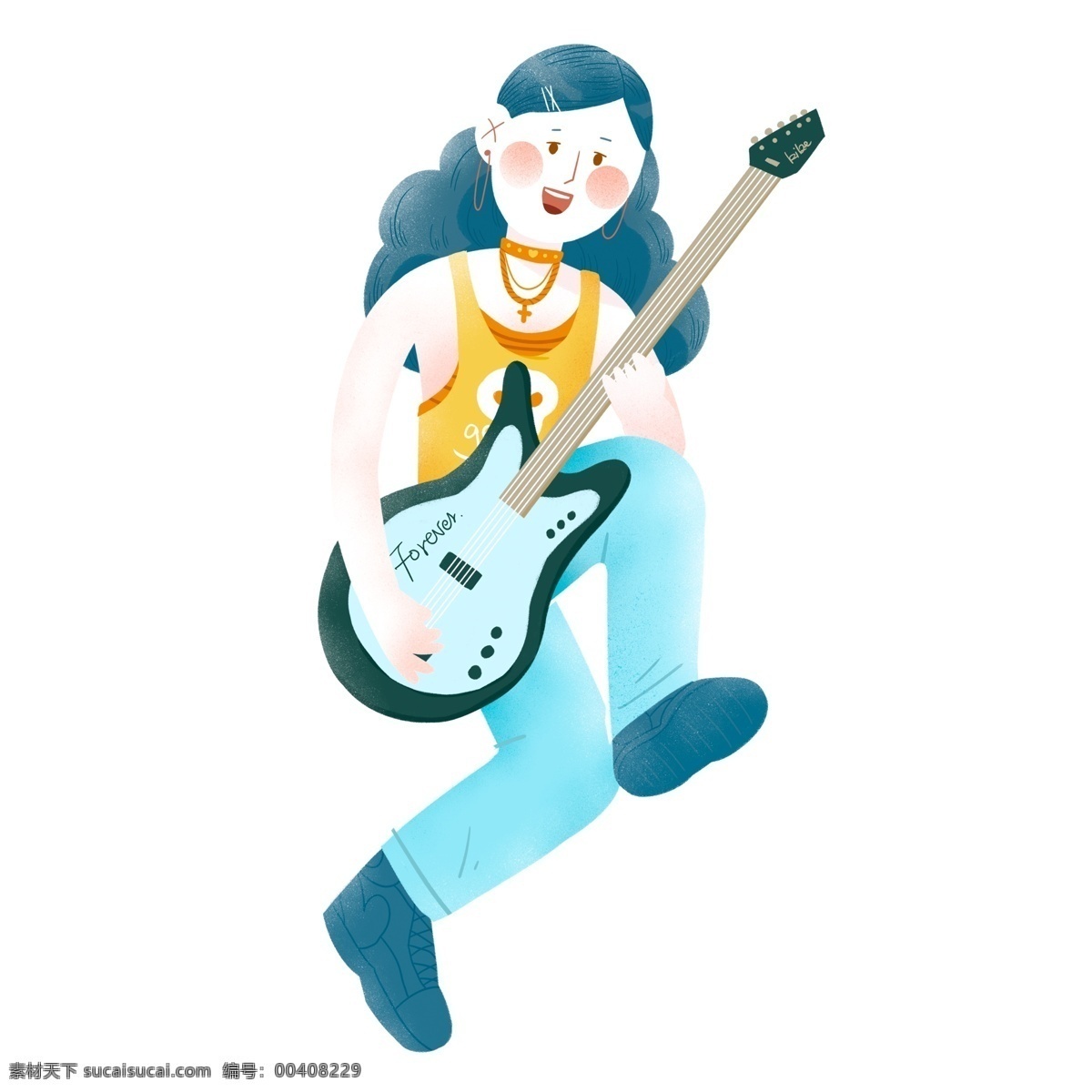清新 手绘 摇滚 少女 卡通 简约 人物 插画 女孩 青年 电吉他 玩音乐