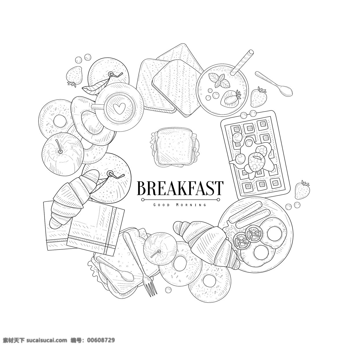 黑白 手绘 面包 早餐 插画 线条 煎蛋 水果 营养