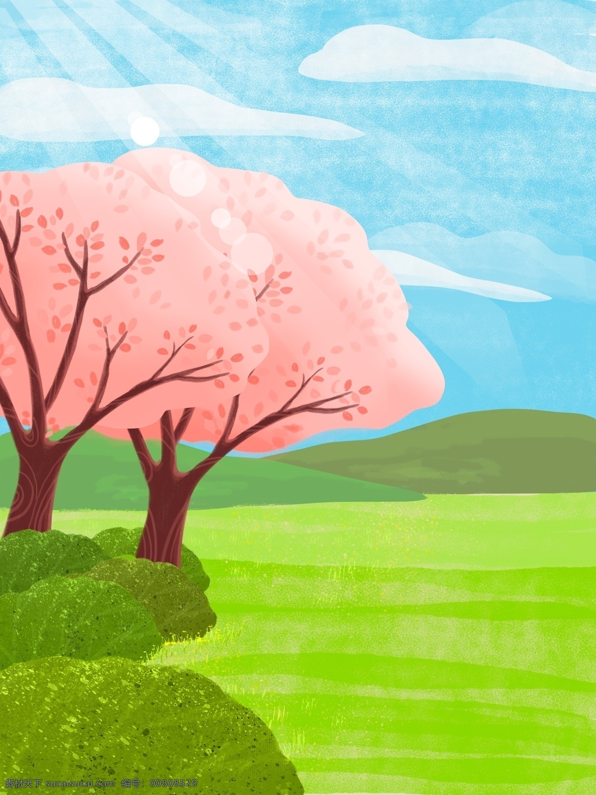 唯美 手绘 绿色 春天 樱花树 插画 背景 广告背景 背景素材 背景展板 彩色背景