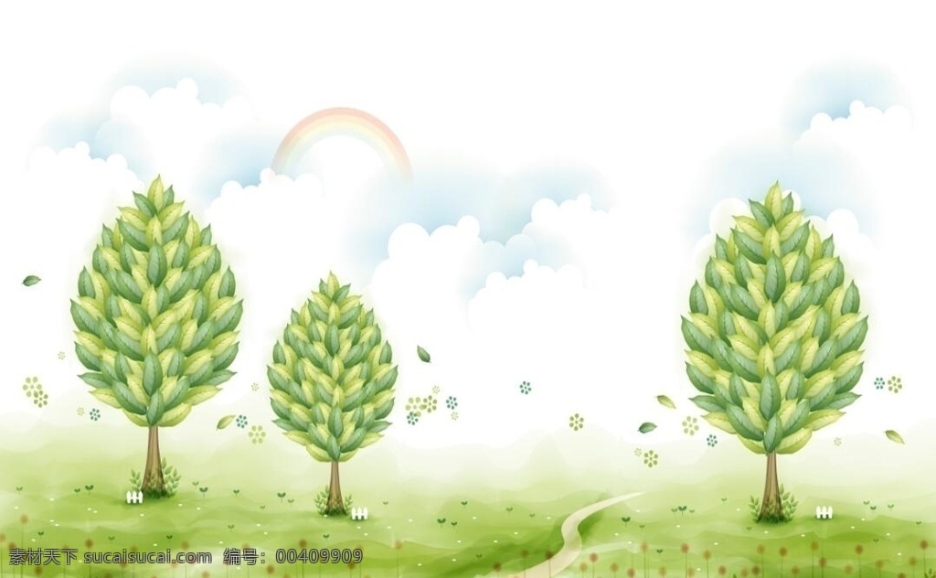 清新绿树草地 大树 草地 云 彩绘 树叶 背景墙 背景墙移门 生物世界 树木树叶
