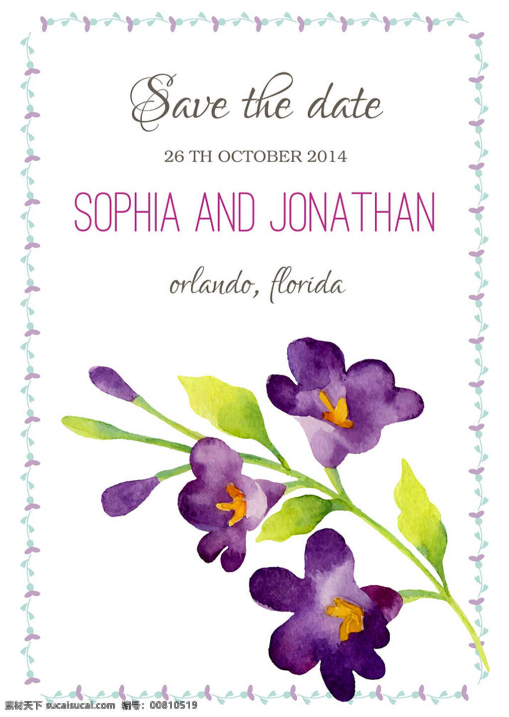 紫色 花朵 插图 植物 颜色 婚礼 爱 背景 邀请 卡片 庆祝 幸福 英文 请帖请柬 矢量素材