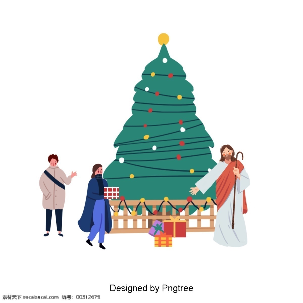 耶稣 手绘 插图 人 礼物 圣诞树 三 个人 灯泡 快乐 可爱 刮 空空