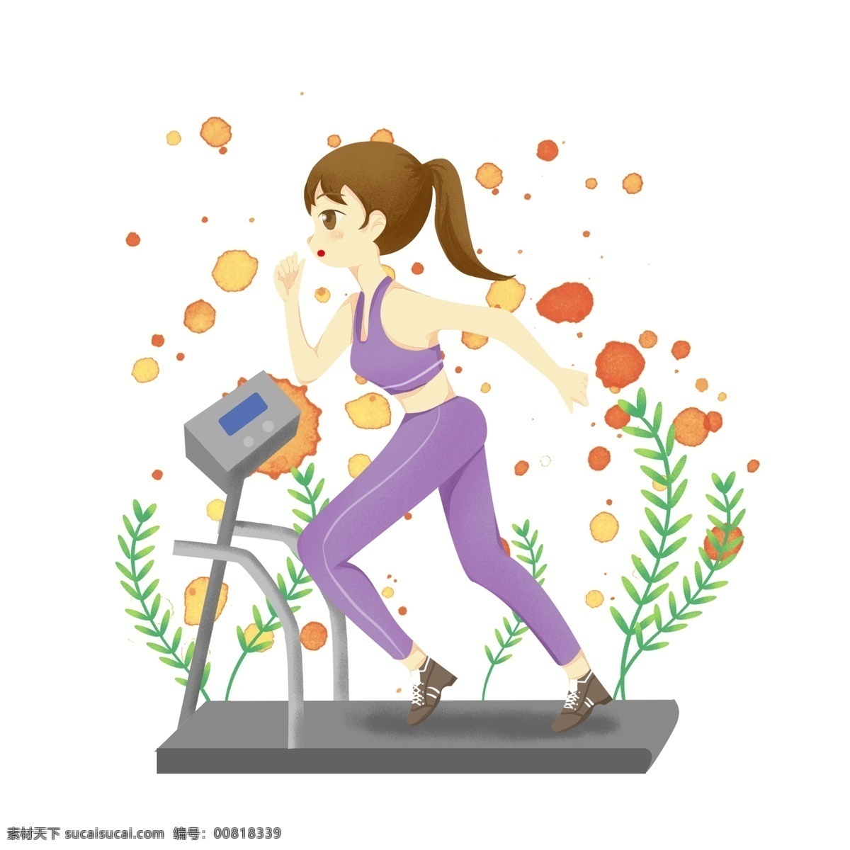 跑步 健身 小女孩 运动健身插画 跑步健身 健身的小女孩 灰色的跑步机 卡通人物 红色的小花