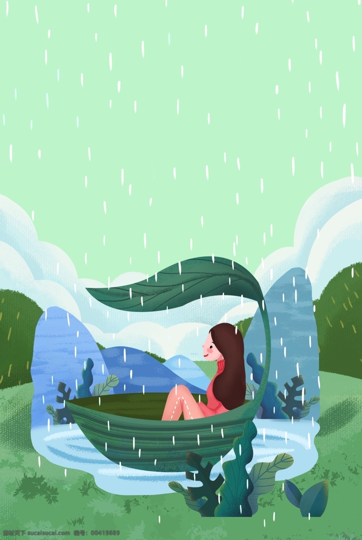 绿色 清明节 女孩 背景 清明 节气 谷雨 雨水 卡通风 春景 旅游 燕子 草地 海报