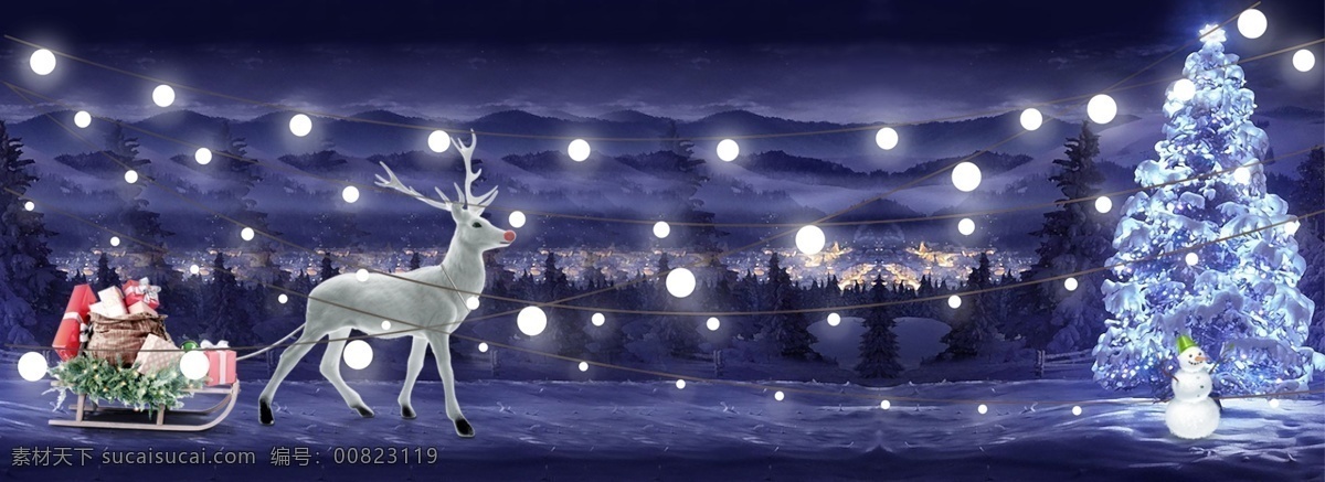 圣诞节 夜晚 神秘 灯光 背景 小鹿 雪花 冬季 西方 文化创意 圣诞树 礼物 文艺背景