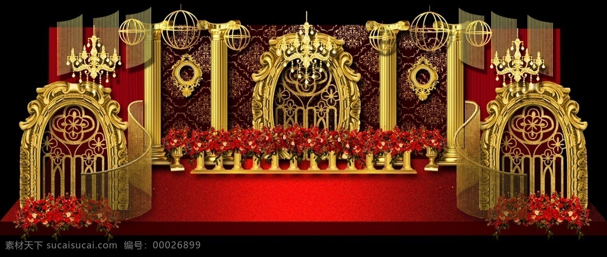 欧式 复古 红 金 奢华 主 背景 婚礼 效果图 红金 红花