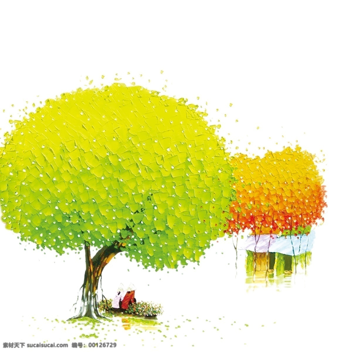 油画树 树 韩版树 少女颜色 房子 泰国油画树木 油画人物 唯美 韩版唯美 包装设计 白色