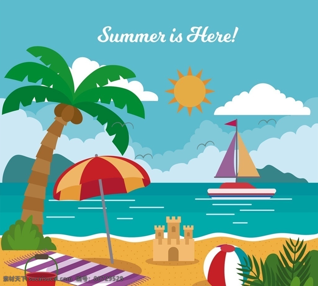 夏季 度假 沙滩 风景图片 椰子树 岛屿 帆船 云朵 沙滩城堡 沙滩球 源文件 矢量 高清图片
