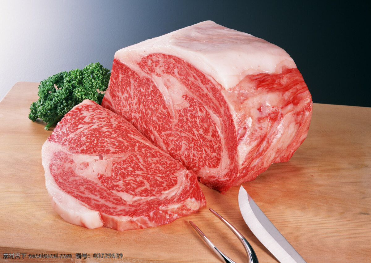 菜板 上 瘦肉 肉 食物 餐饮美食 美味 可口 肉类 新鲜 刀叉 食材原料