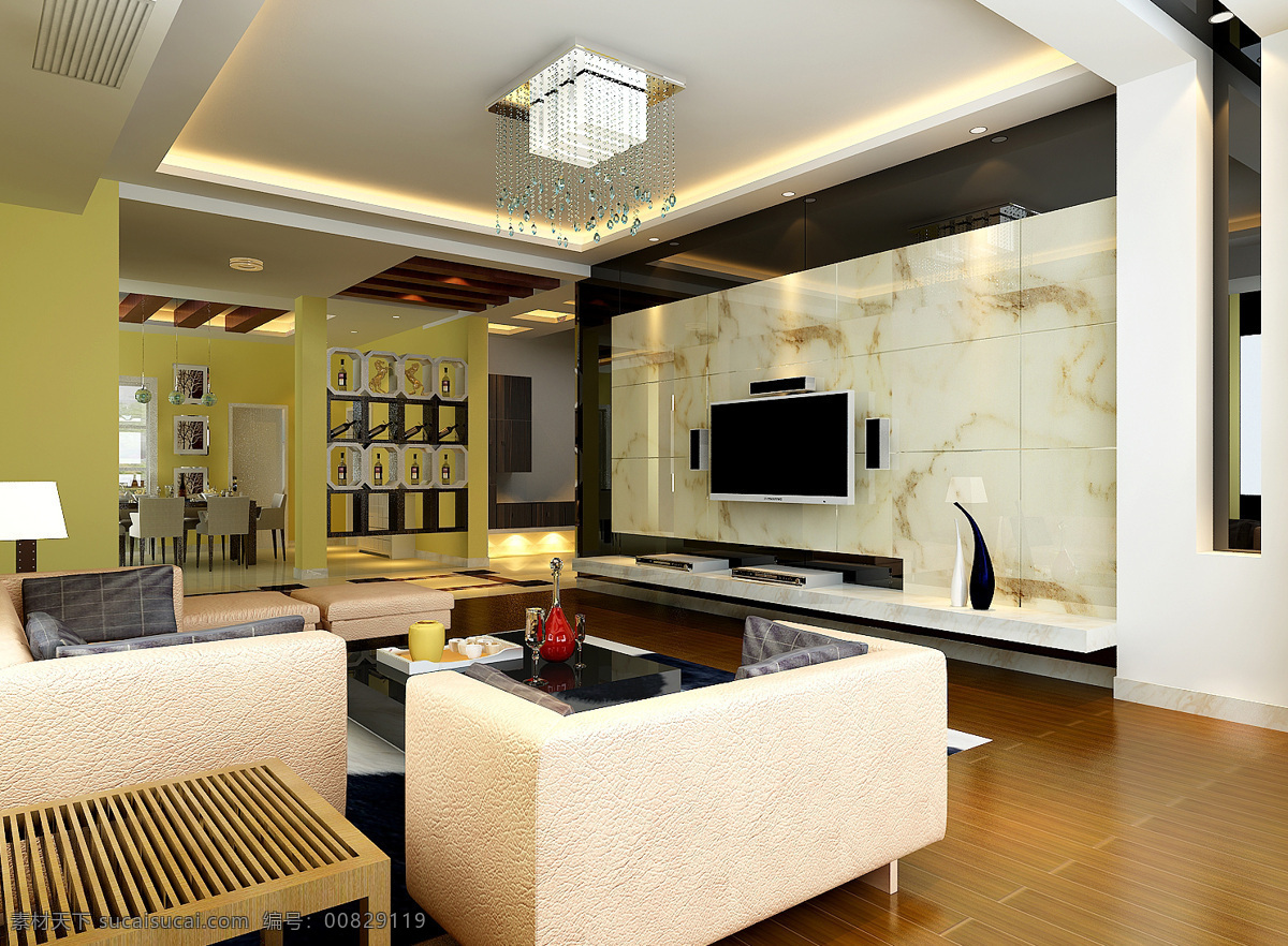 现代客厅模型 免费下 载 3d模型 电视机 沙发茶几 max 白色