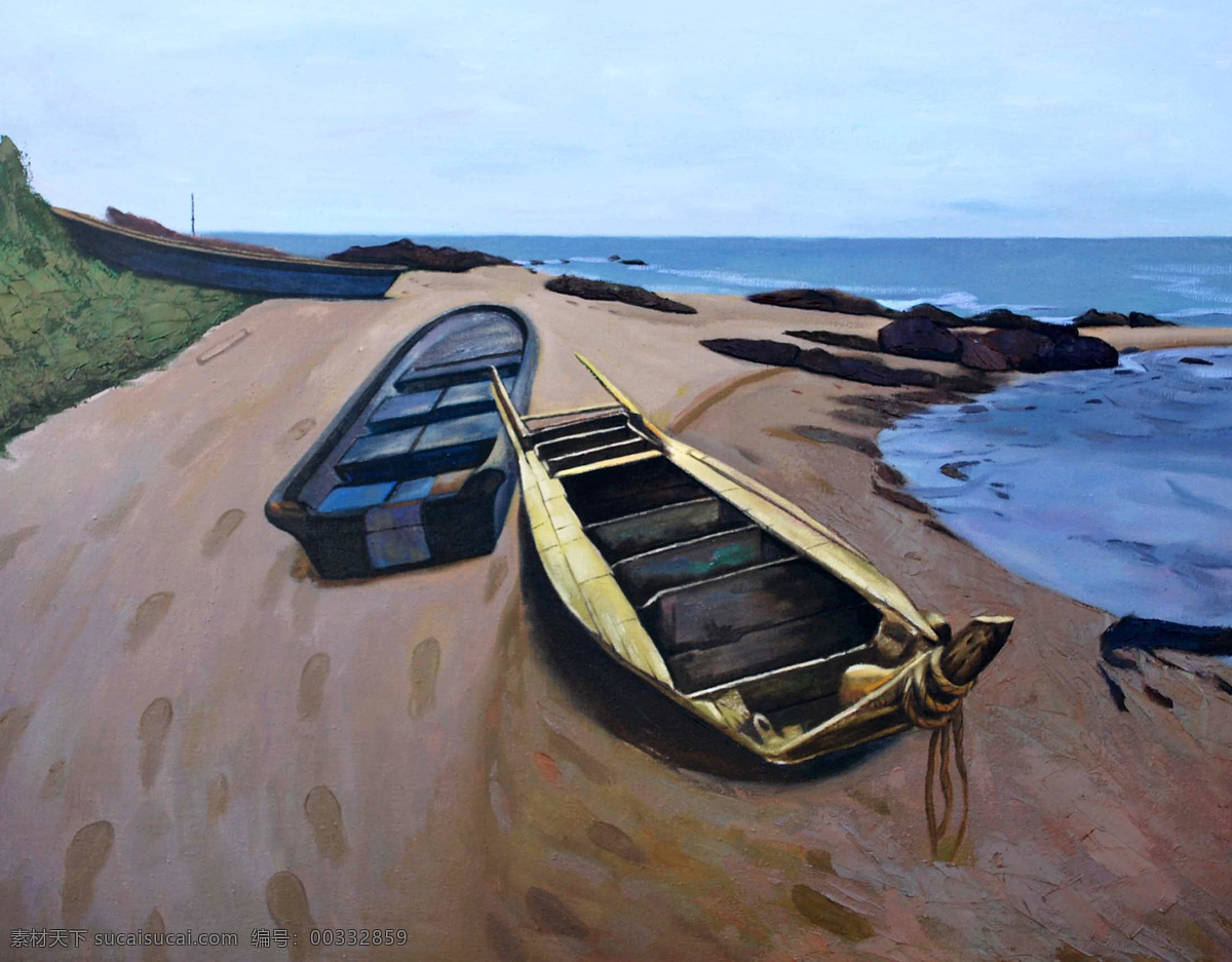 风景 海岸 海水 海滩 绘画书法 美术 文化艺术 搁浅的渔船 油画 渔船 油画艺术 油画作品41 psd源文件
