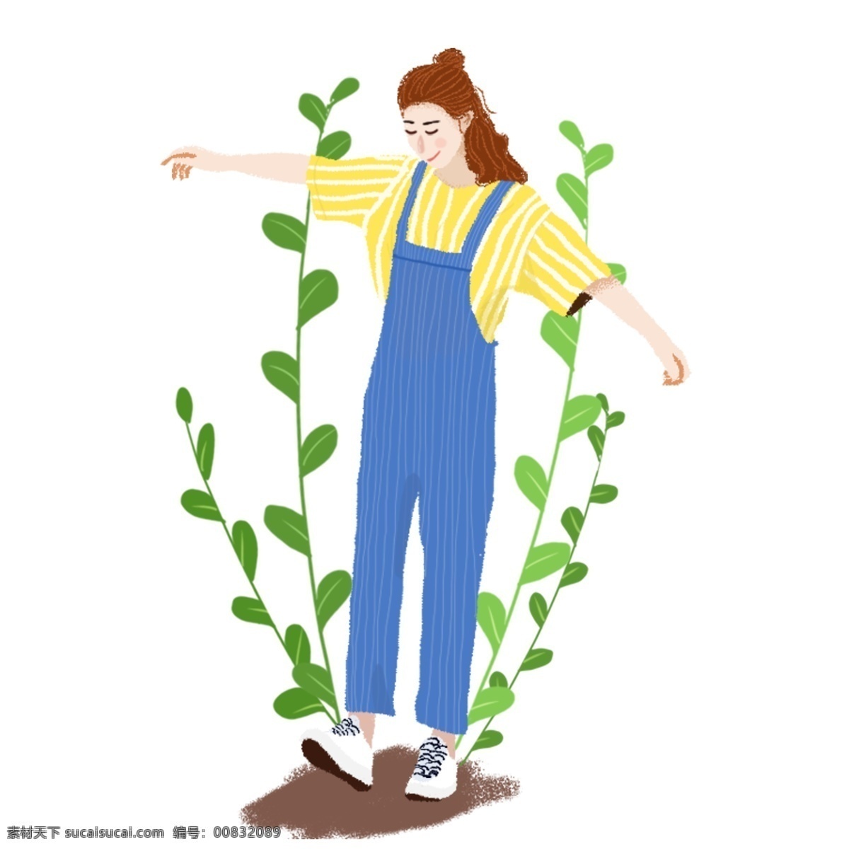 手绘 穿 蓝色 背带裤 半 扎 丸子 头 女生 人物 元素 手绘女孩 手绘人物 植物 绿叶 人物元素 短发女孩