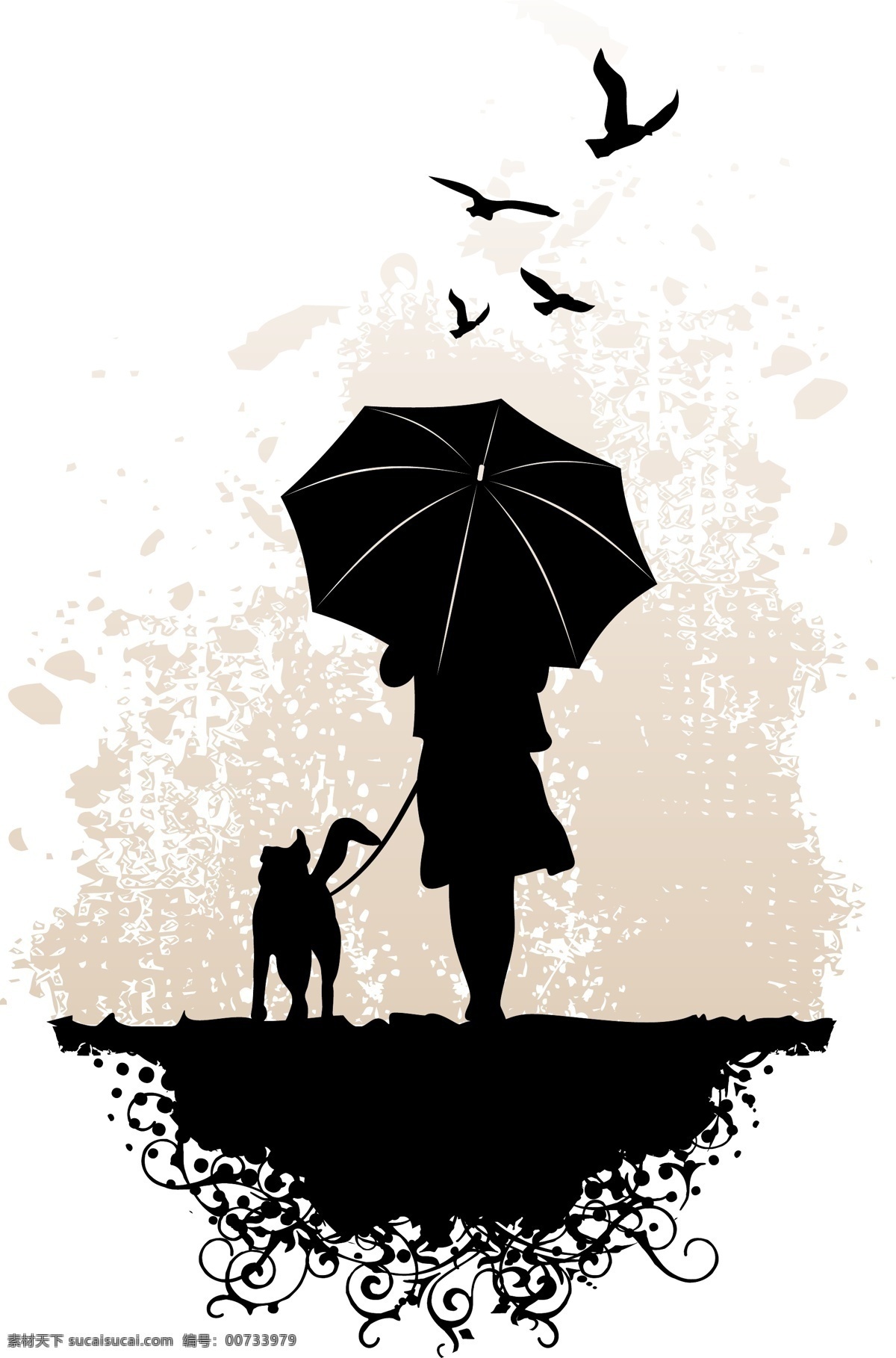 遛 狗 人物 剪影 矢量 宠物狗 飞鸟 花纹 遛狗 人物剪影 雨伞 矢量图 其他矢量图