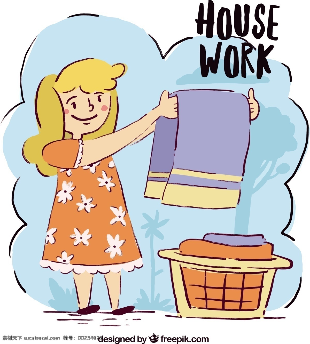手绘 女孩 洗 衣服 房子 手 可爱 工作 绘画 洗衣 草图 素描 活动 家庭 美好 常规 行动 任务 家务 做