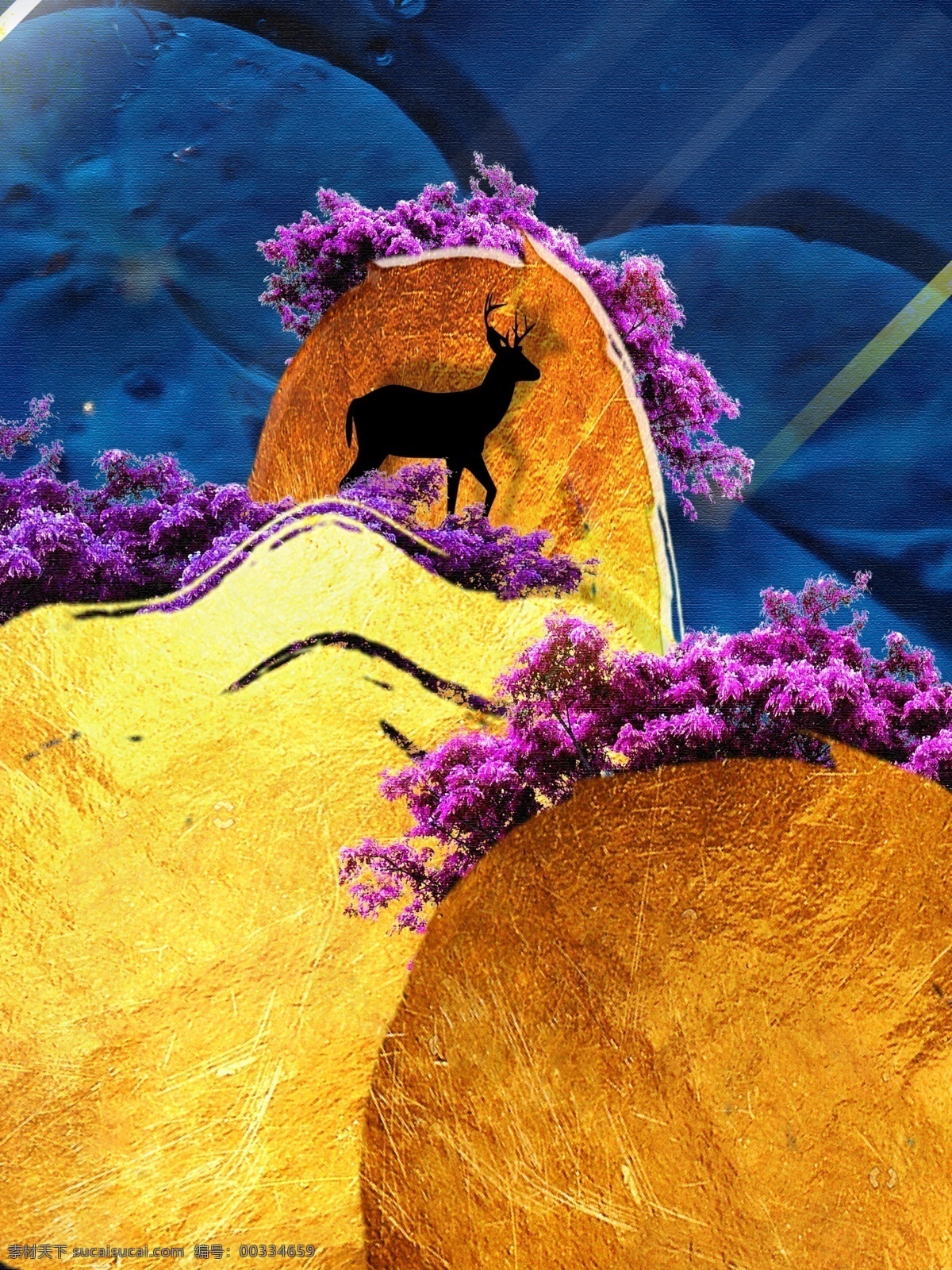 简约 梦幻 紫色 丛林 客厅 装饰画 一联画 剪影鹿 客厅装饰画 金色抽象山 蓝色背景