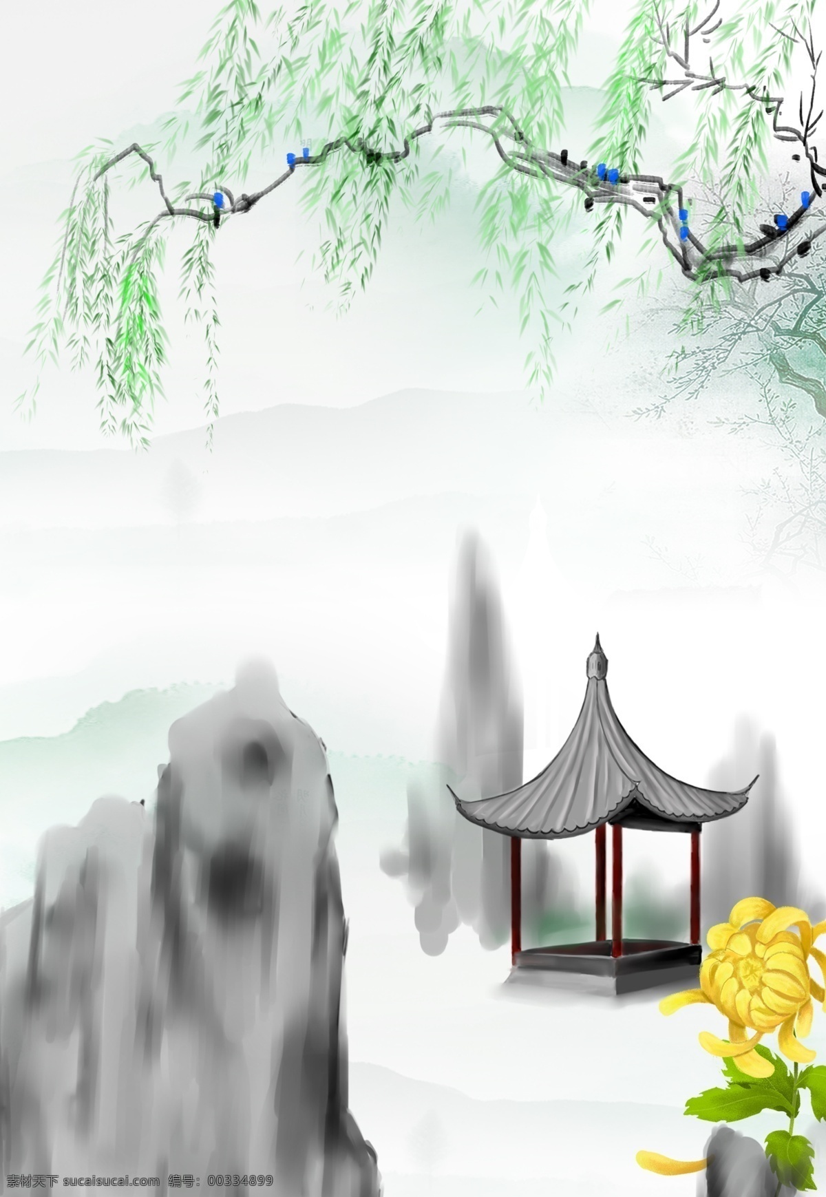 清明节 古风 中国 风 水墨 大气 广告 背景 中国风 文艺 古典 假山 亭子