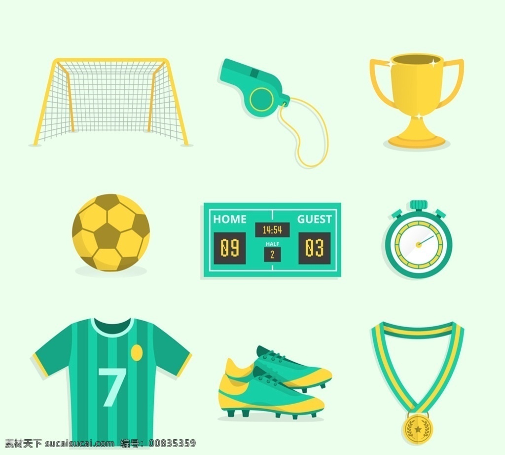 绿色足球元素 绿色 足球 元素 球门 哨子 奖杯 记分牌 计时器 球服 生活用品 生活百科 体育用品