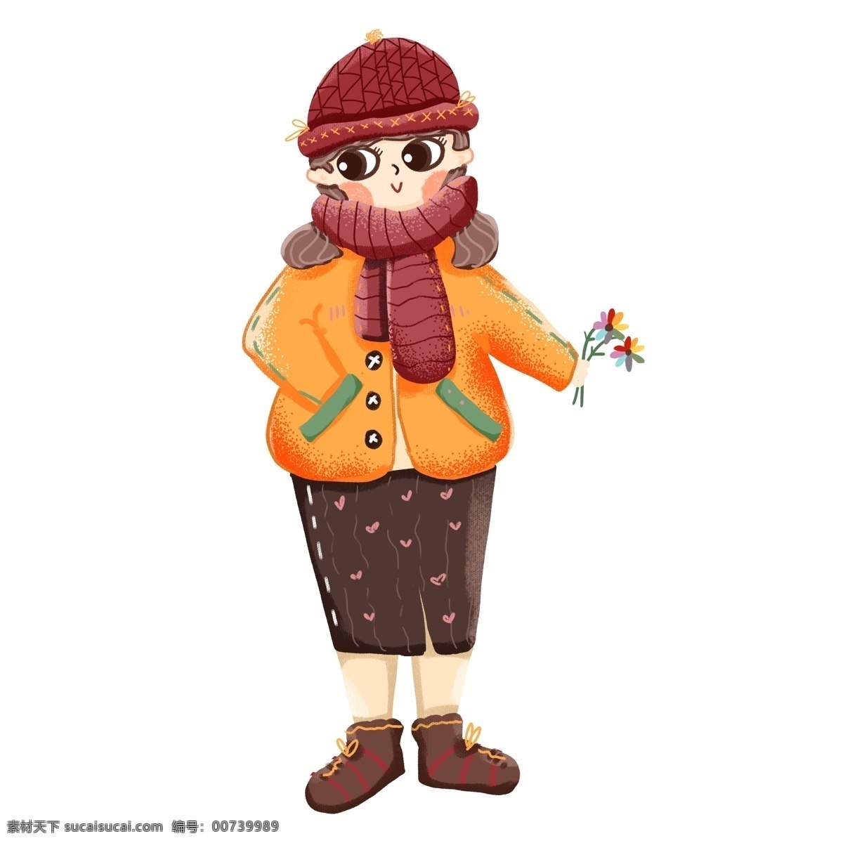 围着 围巾 女孩 鲜花 卡通 可爱 人物 元素 卡通可爱 手绘