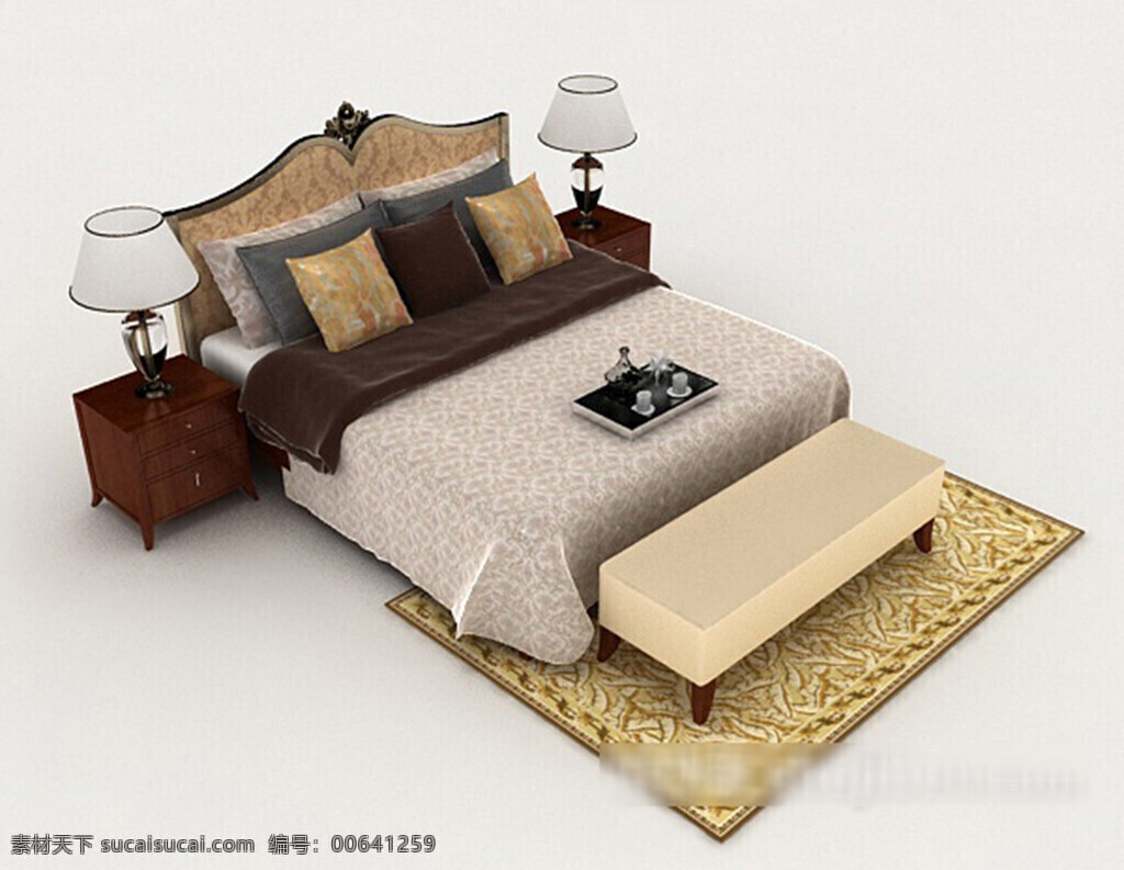木质 花纹 双人床 3d 模型 3dmax 3d模型下载 复古风格 欧式风格 现代风格