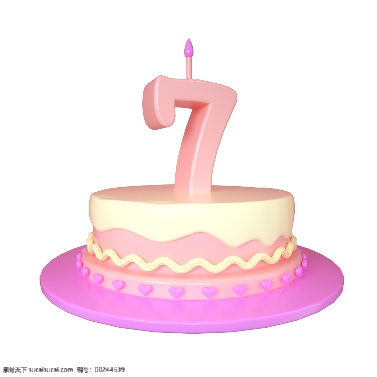 c4d 可爱 立体 周岁 生日蛋糕 装饰 3d 7周岁 粉色 奶黄色 紫色 爱心 庆祝生日 蜡烛