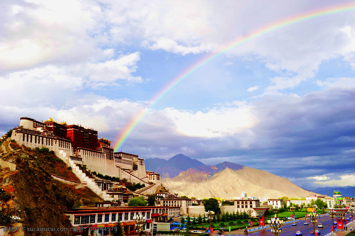 布达拉宫 西藏 拉萨 宫殿 寺庙 佛寺 藏族建筑 图腾 吉祥图案 佛教 藏传佛教 彩虹 蓝天 白云 风景 西藏风光 人文景观 旅游摄影