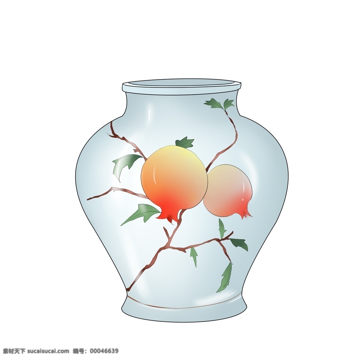 青色 石榴 瓷瓶 插画 红色的石榴 绿色的叶子 漂亮 手绘石榴瓷瓶 石榴瓷瓶装饰