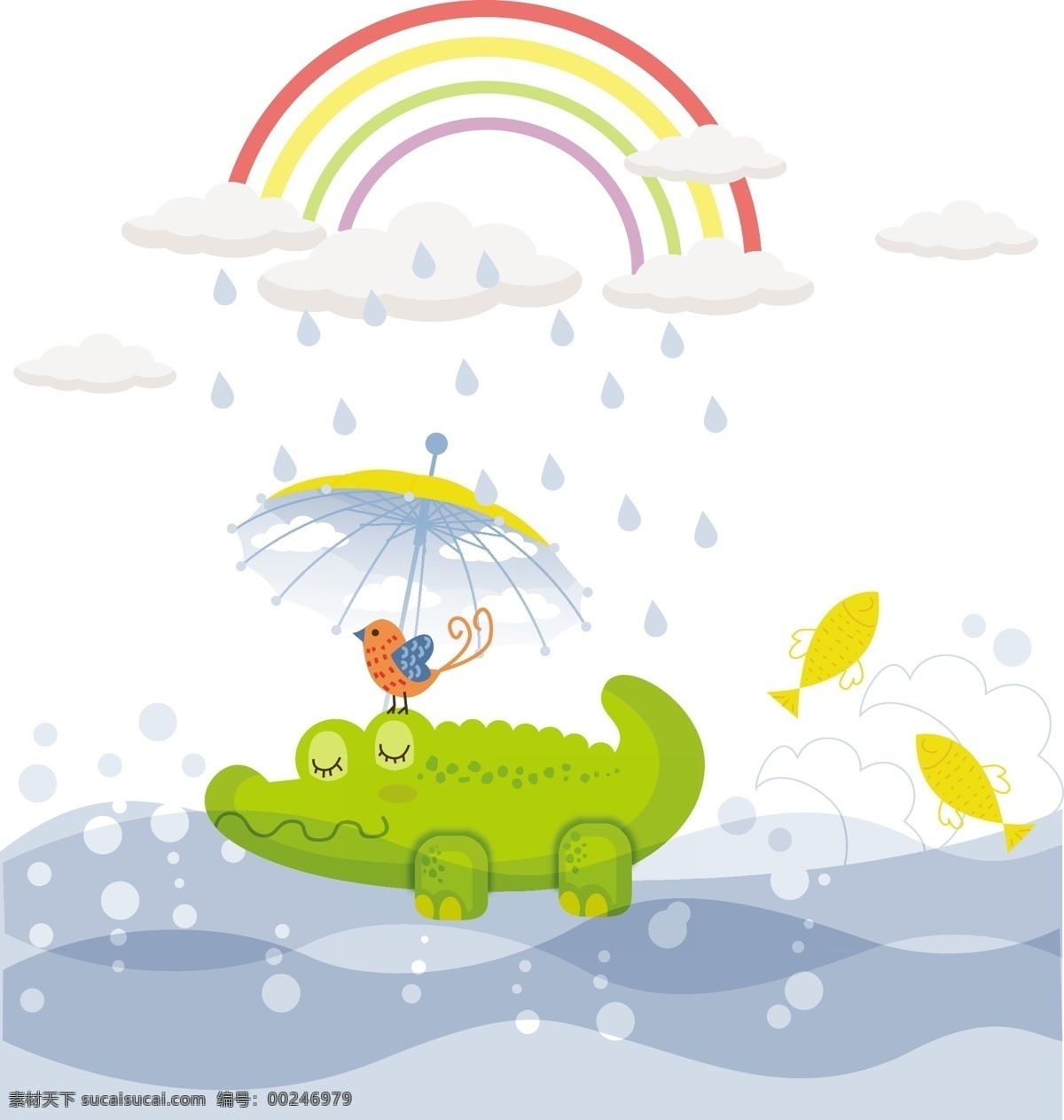 童趣 绿色 鳄鱼 插画 矢量 雨伞 鸟 河流 鱼 雨滴 卡通 彩虹 矢量图