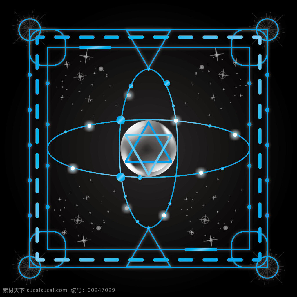黑底 星空 背景 蓝色 宇宙 线条 元素 黑色 科技 未来 框 方块 星星