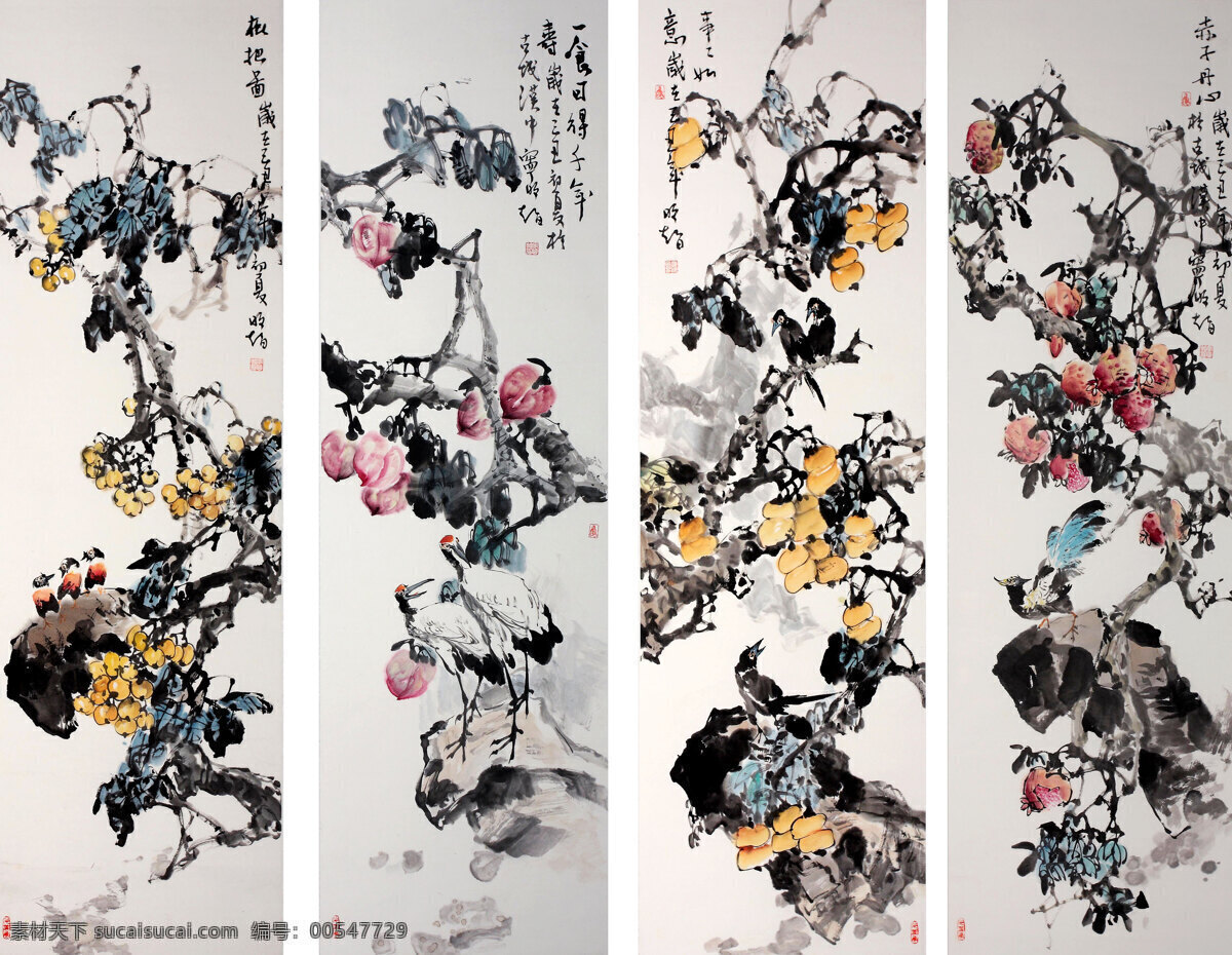 白鹤 国画艺术 果树 花鸟 花鸟画 绘画书法 美术 枇杷 四条屏 中国画 水墨画 水果 桃子 柿子 石榴 八哥 雉鸡 红雀 石头 书法 印章 国画集32 文化艺术 家居装饰素材 雕刻 图案