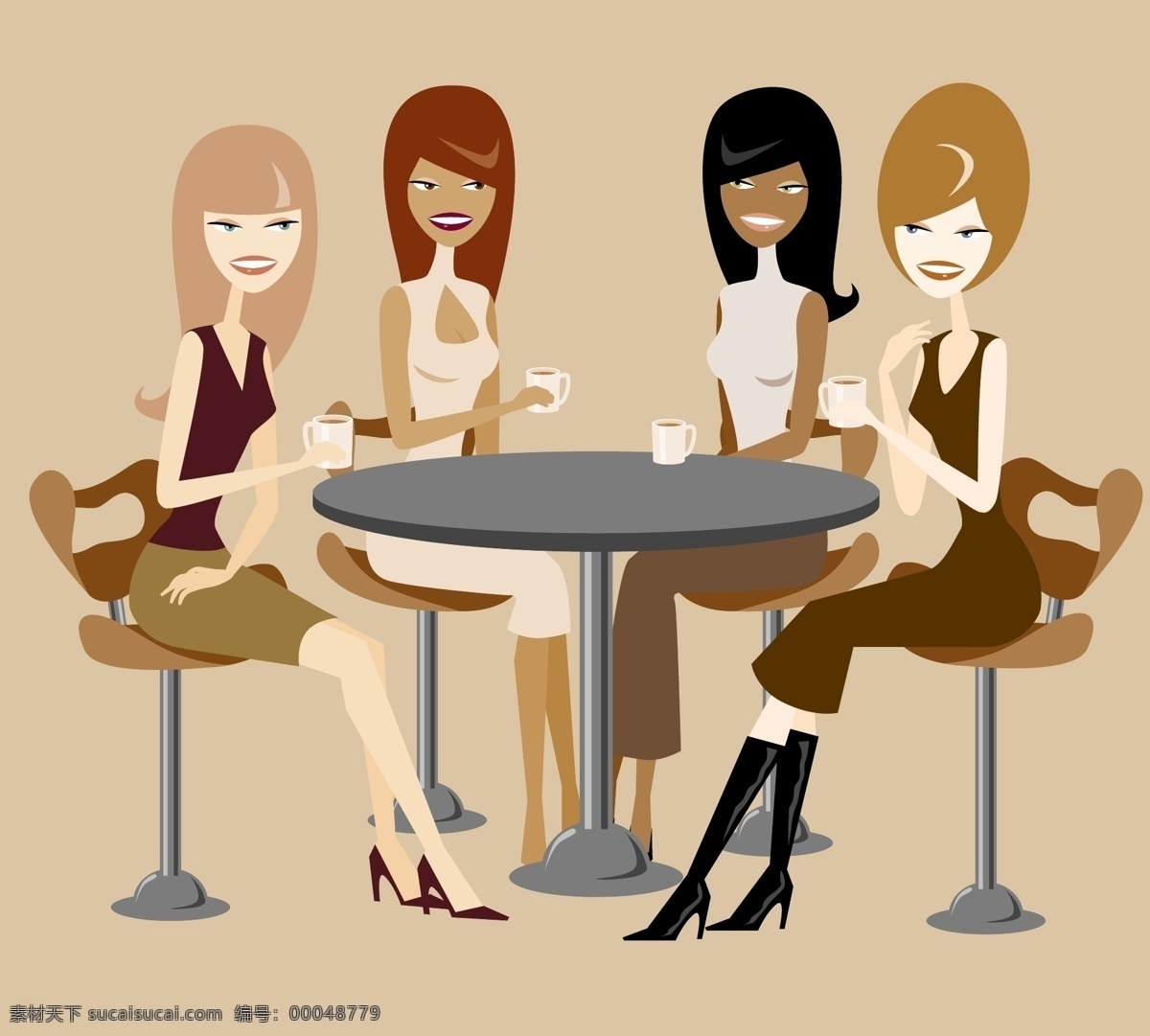 美女 聚会 喝咖啡 矢量人物 享受 消费 椅子 桌子 美女聚会 喝可乐 矢量图