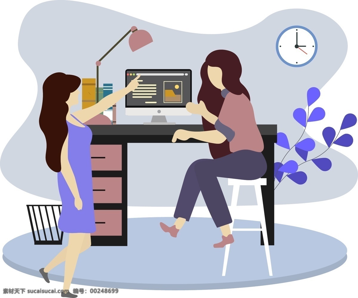 卡 通风 正在 讨论 工作 女人 办公桌 电脑 室内 交流 沟通 坐着的女人 站着的女人 矢量