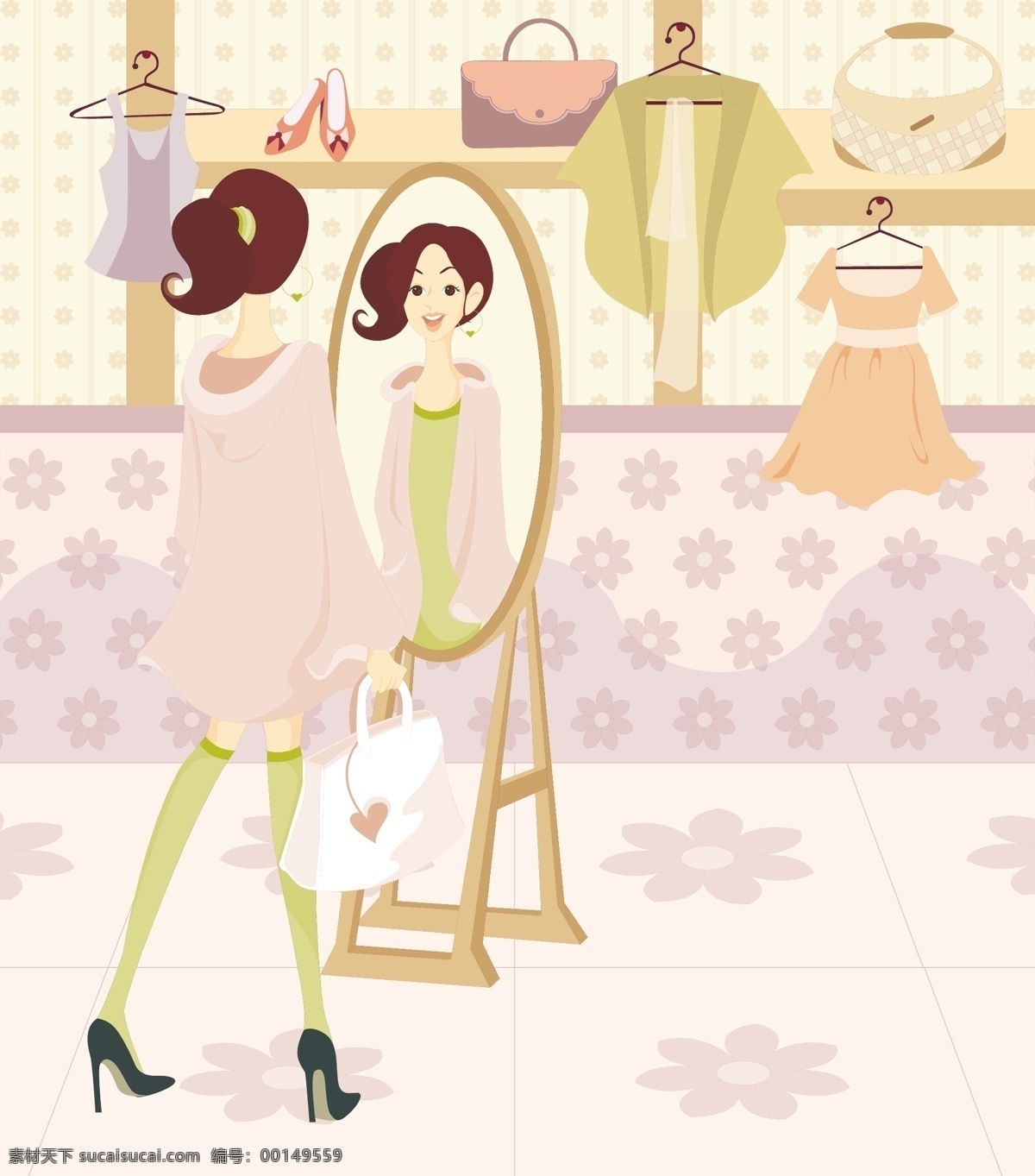女性 试 衣服 场景 矢量图
