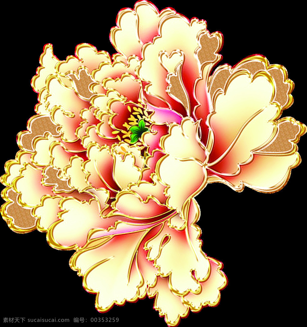 高贵 金边 牡丹 图案 金边牡丹 牡丹png 彩色花朵 花开富贵 手绘花朵 彩色图 花朵画 水彩画 中国风 古风素材 鲜花富贵 牡丹国色