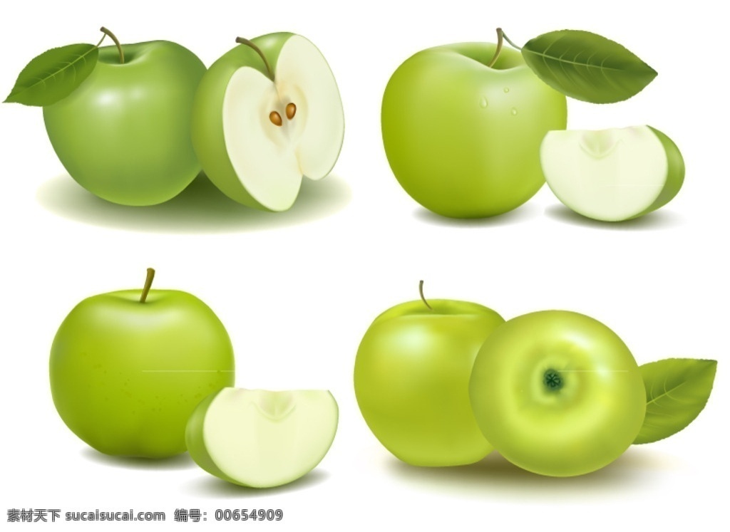 新鲜 青苹果 矢量 苹果 切开 叶子 绿叶 水珠 露珠 水果 食物 美食 美味 插画 背景 海报 画册 食品果蔬 生物世界