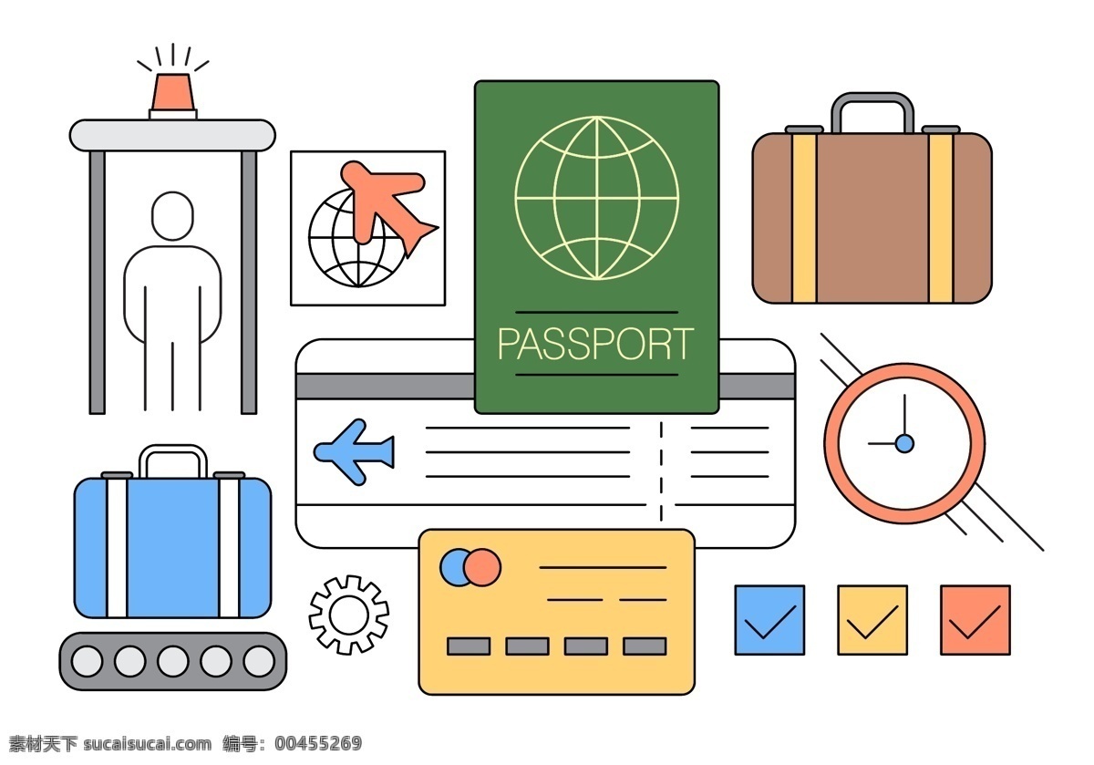 手绘 机场 图标 icon 图标icon 图标设计 矢量素材 机场图标 飞机 行李 时间 飞机票