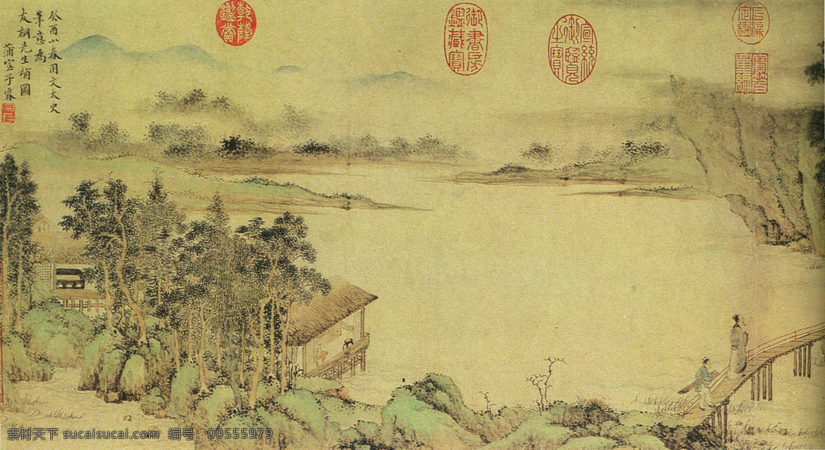 名家 上 睿 山水 名画 书画 携 琴 访友 图 之一 长卷 古画 山水画 山水名画书画 书画真迹 中国水墨画 名家上睿 纸本 设色 构图简洁 境界开阔 文化艺术