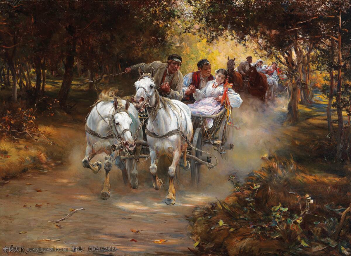 抢新娘 科瓦尔斯基 作品 波兰画家 白马 马车 小伙 年轻姑娘 19世纪油画 油画 文化艺术 绘画书法