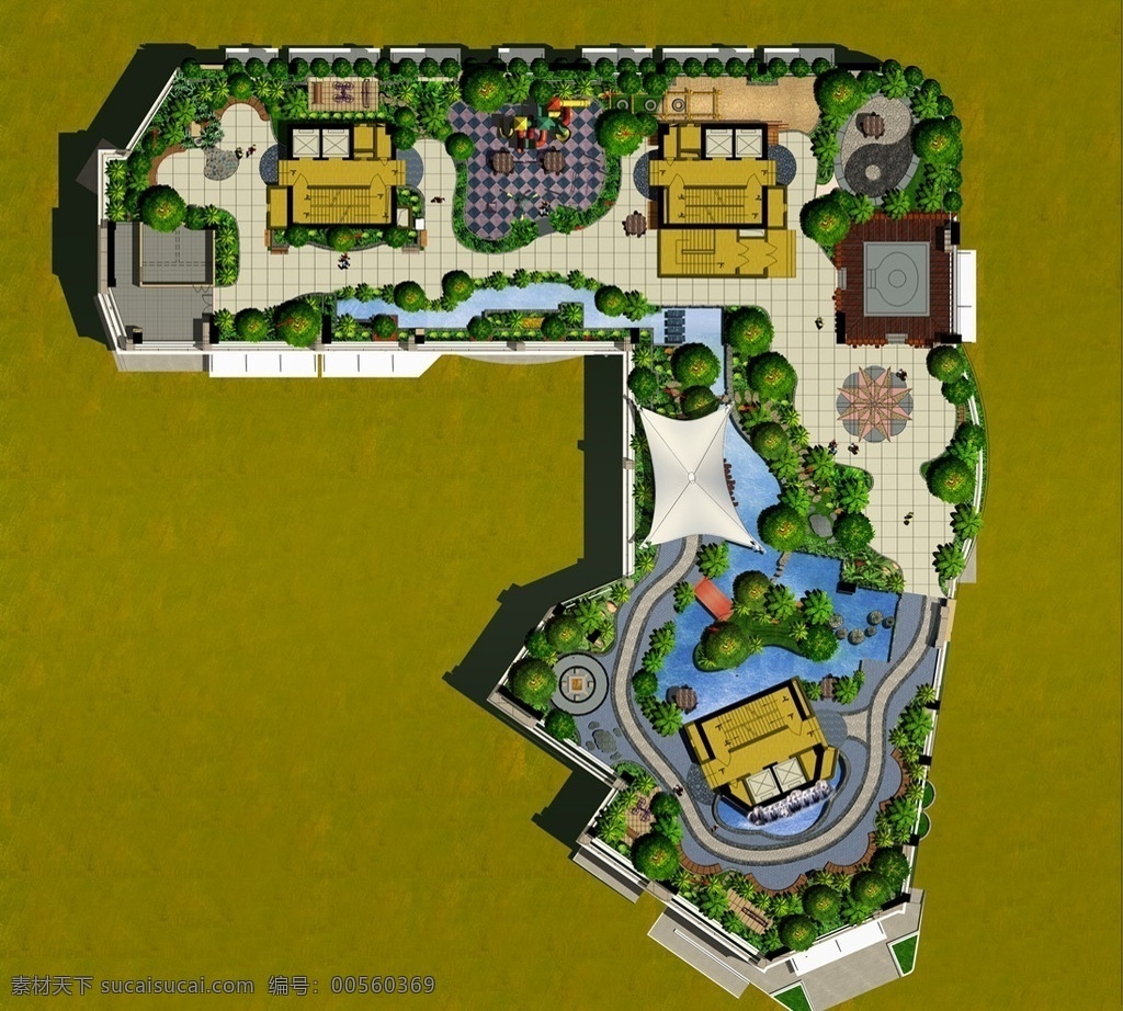 小区 景观 平面图 游泳池 草地 树木 房屋 建筑物 绿色背景 环境设计 景观设计