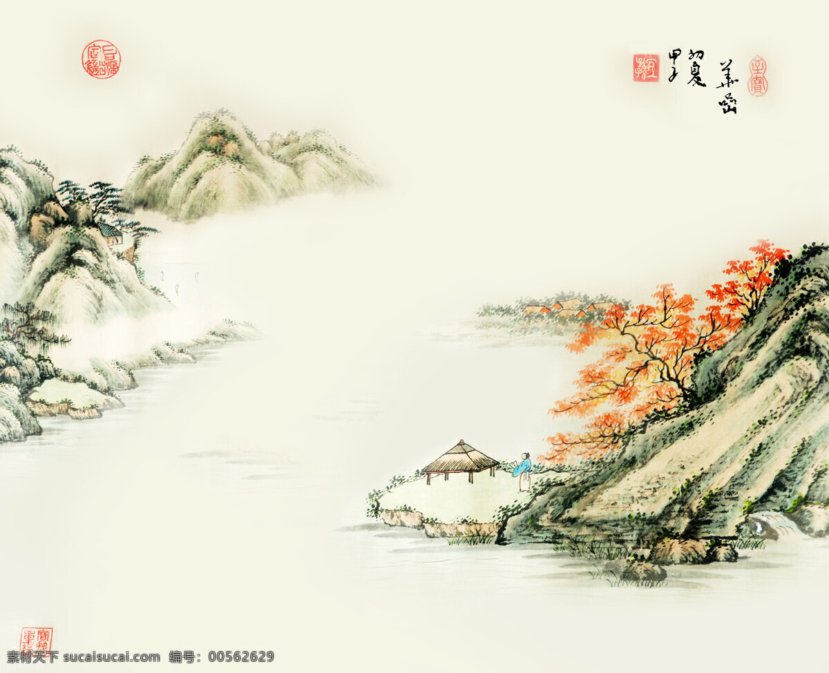 水墨山水 水墨画 古画 移门 移门图案 山水画 梦幻风景 风景 梦幻 底纹边框