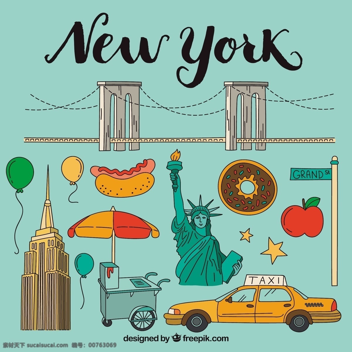 纽约文化插图 旅游 城市 绘制 新建 出租车 绘画 纽约 插图 美国 甜甜圈 手工 狗美国