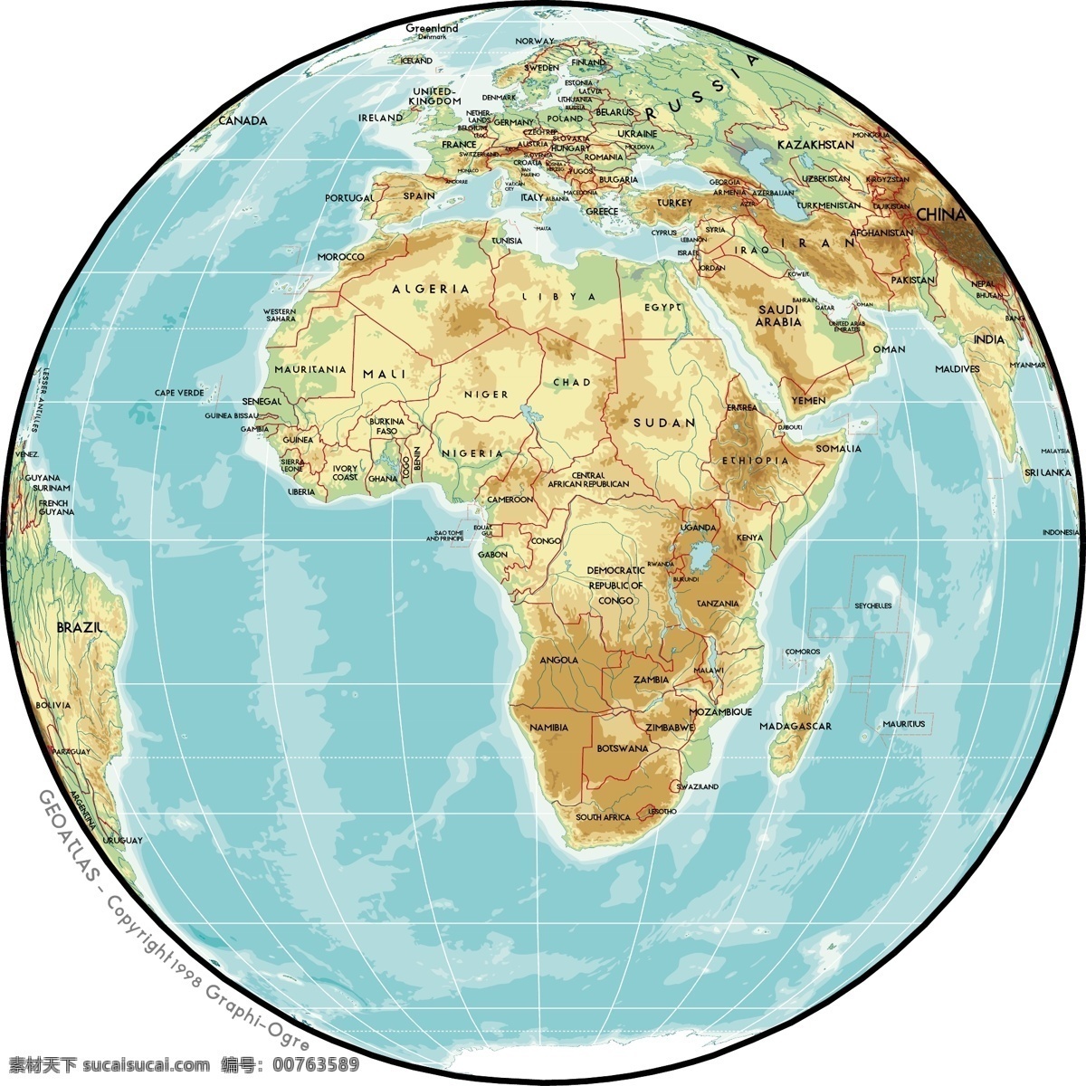 矢量 世界地图 精致 材料 球形 地图 非洲区域 矢量图 其他矢量图