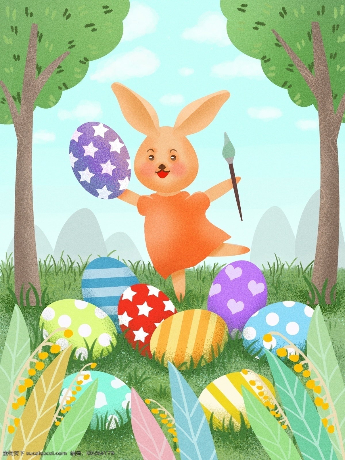 复活节 兔子 画 彩蛋 植物 草地 小清新插画 公众号配图 微博配图 微信配图 手机用图 绿色