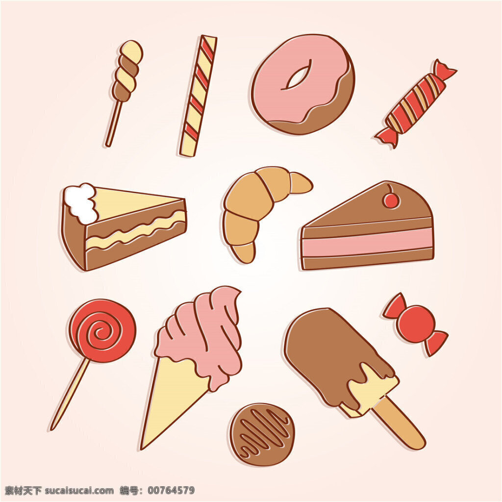 手绘 甜点 甜品 食物 棒棒糖 冰淇淋 面包 矢量素材 手绘插画 手绘食物 手绘甜品 糖果 甜甜圈 雪糕