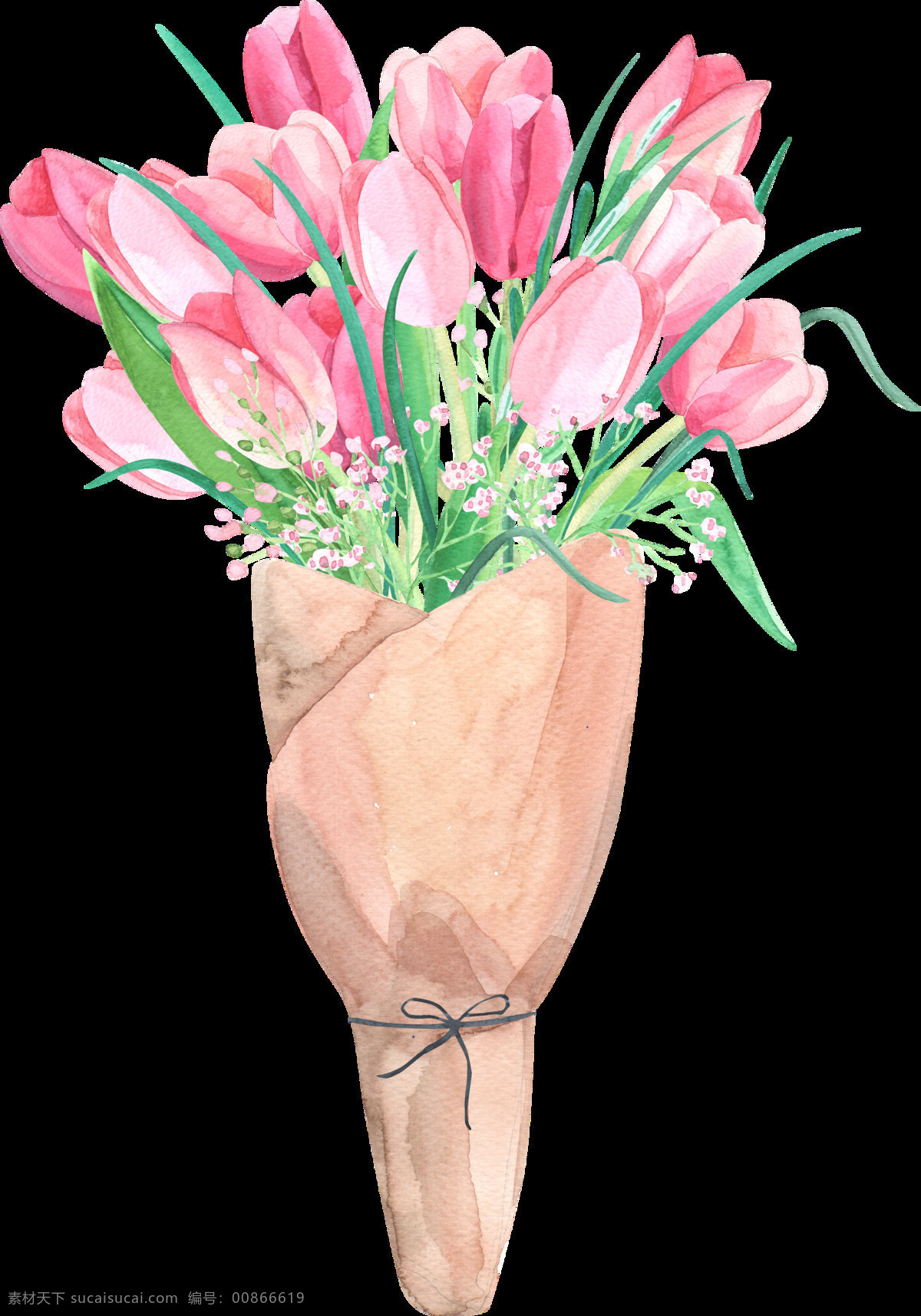 水彩花束素材 水彩 包装纸 花束 叶子 花朵 绿色 粉色 矢量素材 设计素材