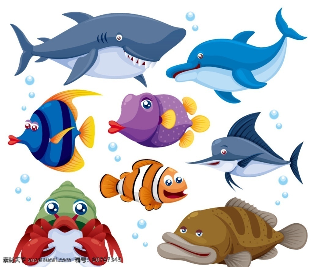 可爱 卡通 海洋 动物 矢量 海洋动物 鲨鱼 海豚 热带鱼 小丑鱼 海带鱼 鱼 鱼类 气泡 插画 背景 海报 画册 矢量动物 生物世界