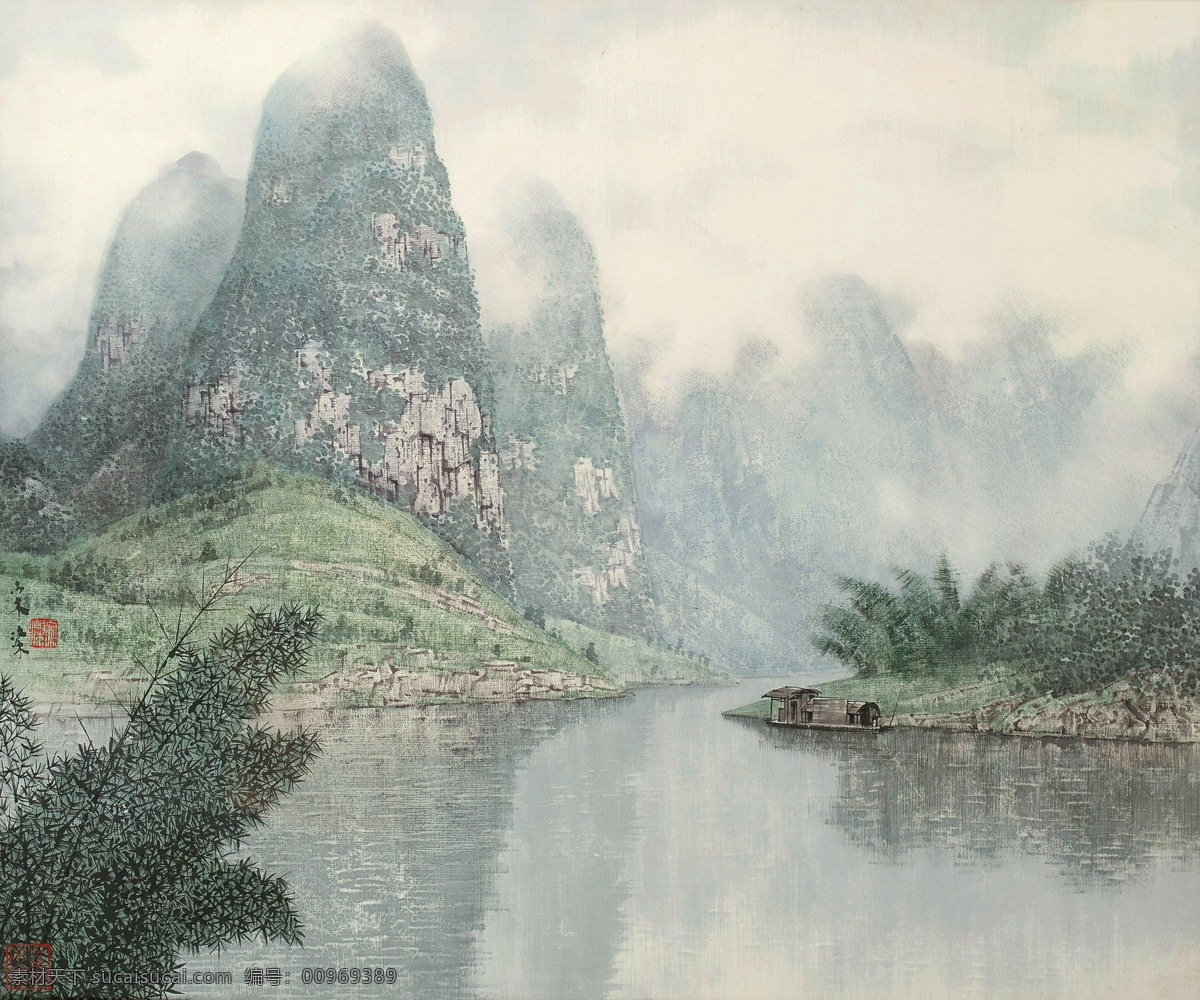 漓江春晓 宋涤 国画 漓江 桂林山水 春晓 秀山 渔家 渔船 山水 水墨画 中国画 绘画书法 文化艺术 国画宋涤